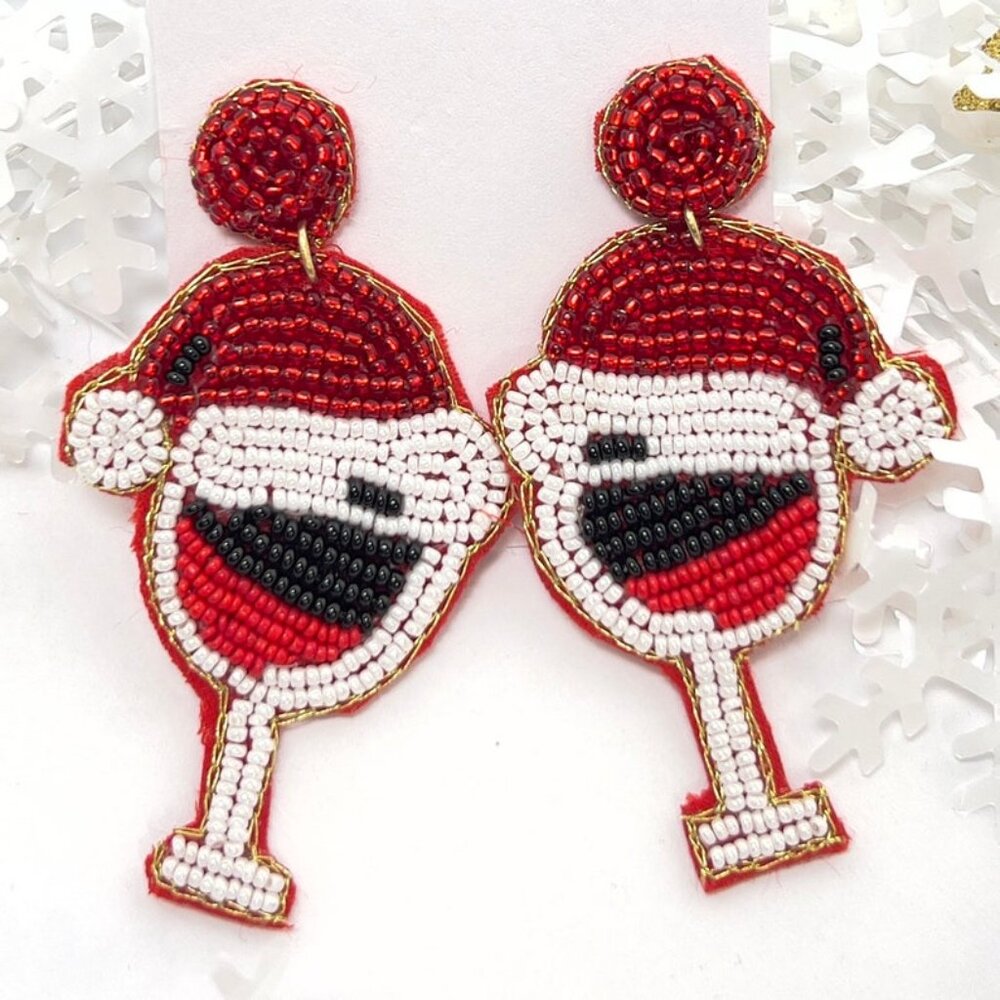 Cheerful Santa Cap on Wine Glass Earrings Handmade Beaded Festive Jewelry